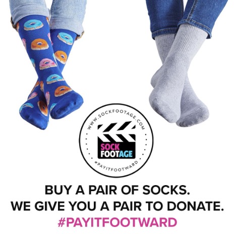 a text that says "buy a pair of socks. We give you a pair to donate. #payitfootward
