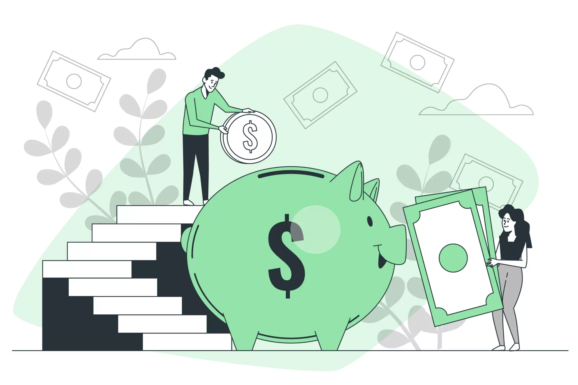Illustration of two people putting money into a piggy bank
